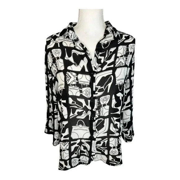 Alfred Dunner Women’s Size 10 Black & White Novelty Shoes and Purse Print Blouse - Picture 1 of 6